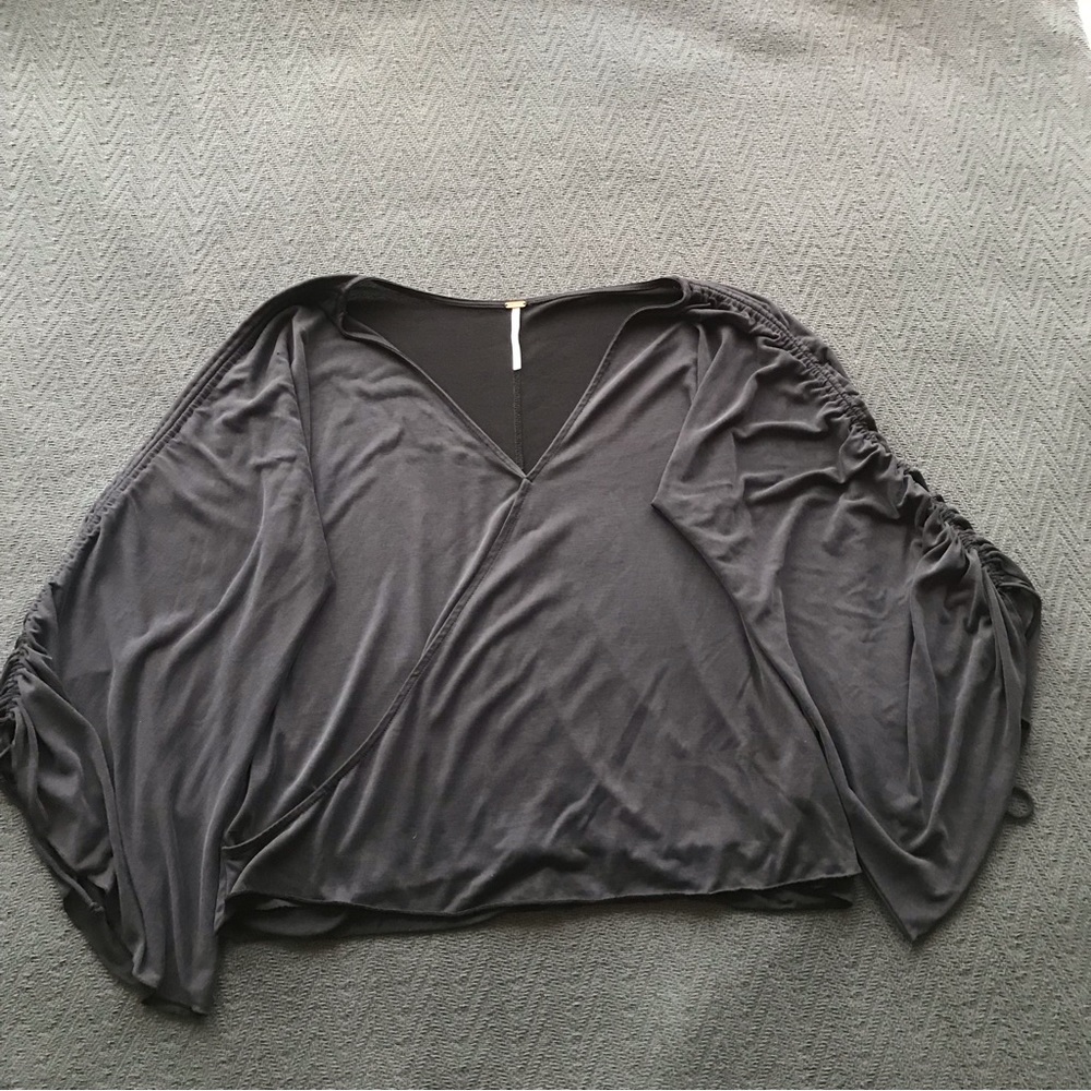 Free People Satin Smooth Soft Deep V Wrap Blouse Drawstring Wide Bell Sleeves XS
